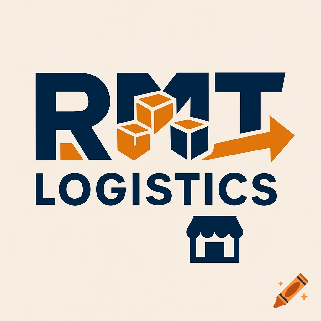 A logo for RMT Logistics in dark blue and orange, featuring 'RMT' with boxes and an arrow, 'LOGISTICS' below, and a store icon.