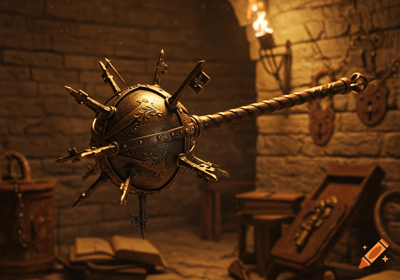 Ornate golden medieval mace studded with old keys in a dimly lit stone dungeon.