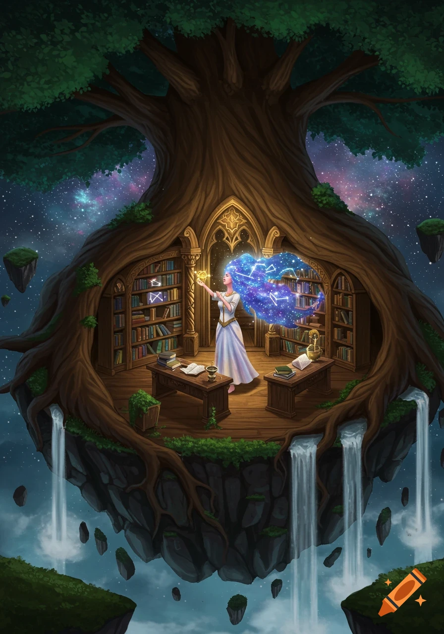 A celestial librarian with galaxy hair in a floating tree library places constellations on bookshelves under a starry sky. Digital painting.