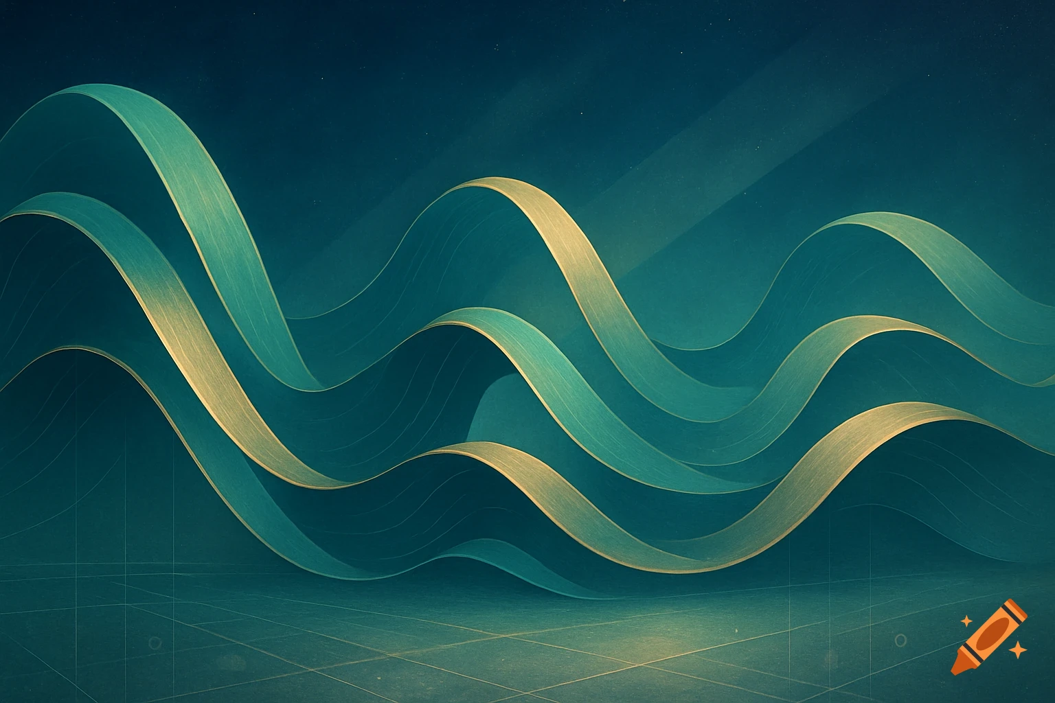 Abstract digital art of flowing teal and gold ribbons against a dark teal background with subtle grid lines.