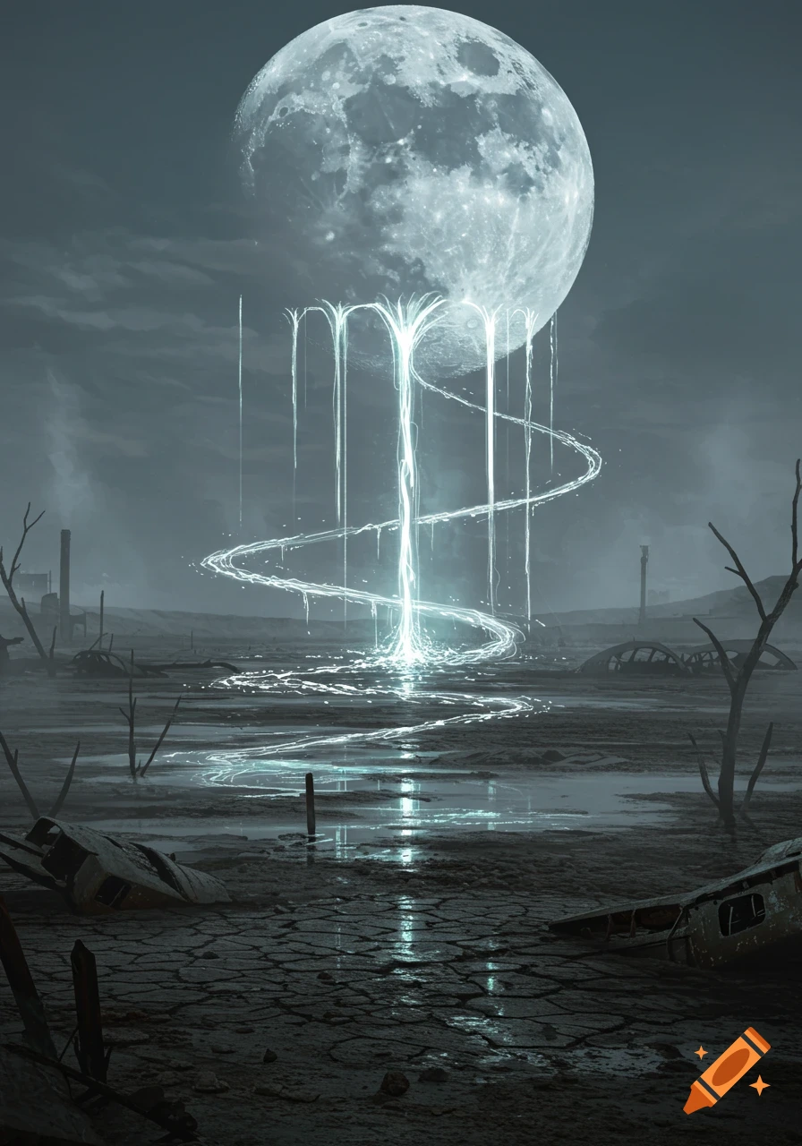 A giant, bright full moon drips glowing energy onto a desolate, cracked wasteland with ruined structures and bare trees.
