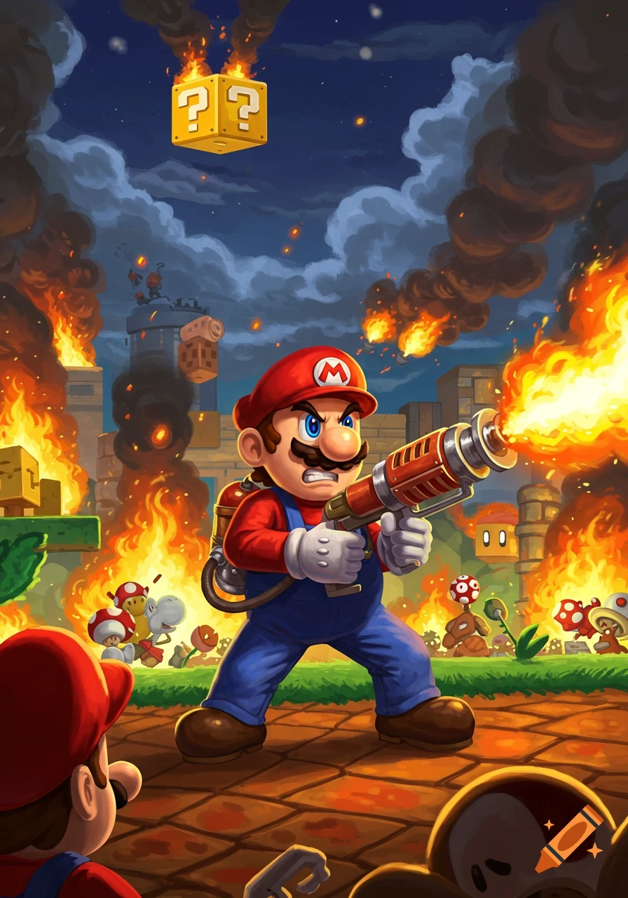 Illustrated action scene of an angry Mario wielding a flamethrower in a burning Super Mario Bros. level with Goombas and Yoshi.
