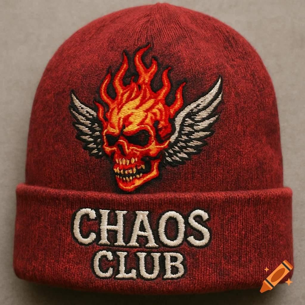 A red beanie embroidered with a flaming skull with wings and the text 'CHAOS CLUB'.