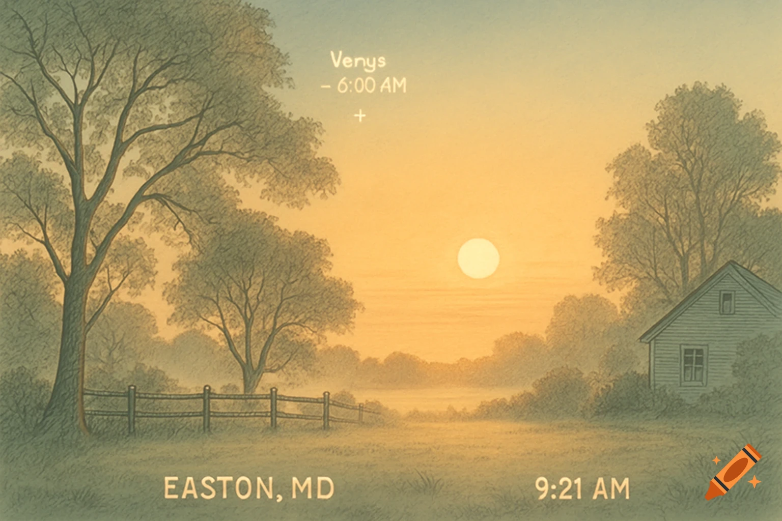 An illustrated landscape at sunrise with a house, trees, and a fence. Text displays "Venys - 6:00 AM" and "Easton, MD 9:21 AM".