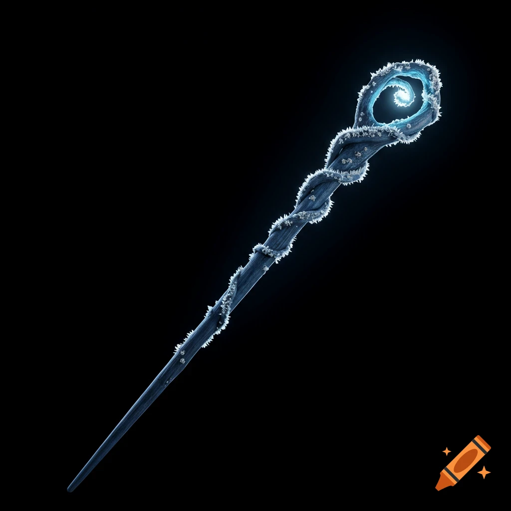 An elegant blue wooden wand with a frost motif and a glowing blue swirl on a solid black background.