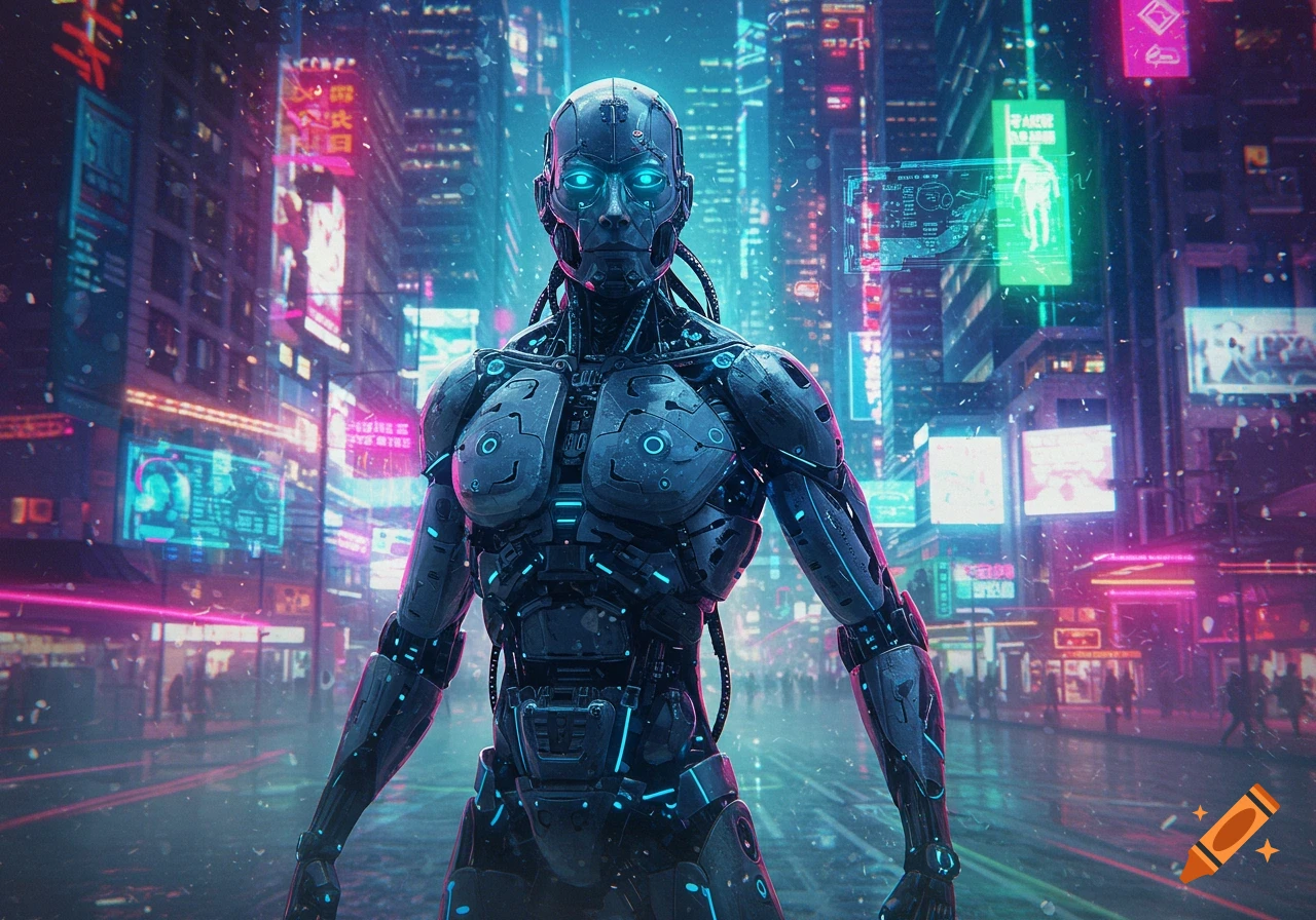 Photorealistic image of a futuristic cyborg with glowing eyes standing in a neon-lit cyberpunk city at night.
