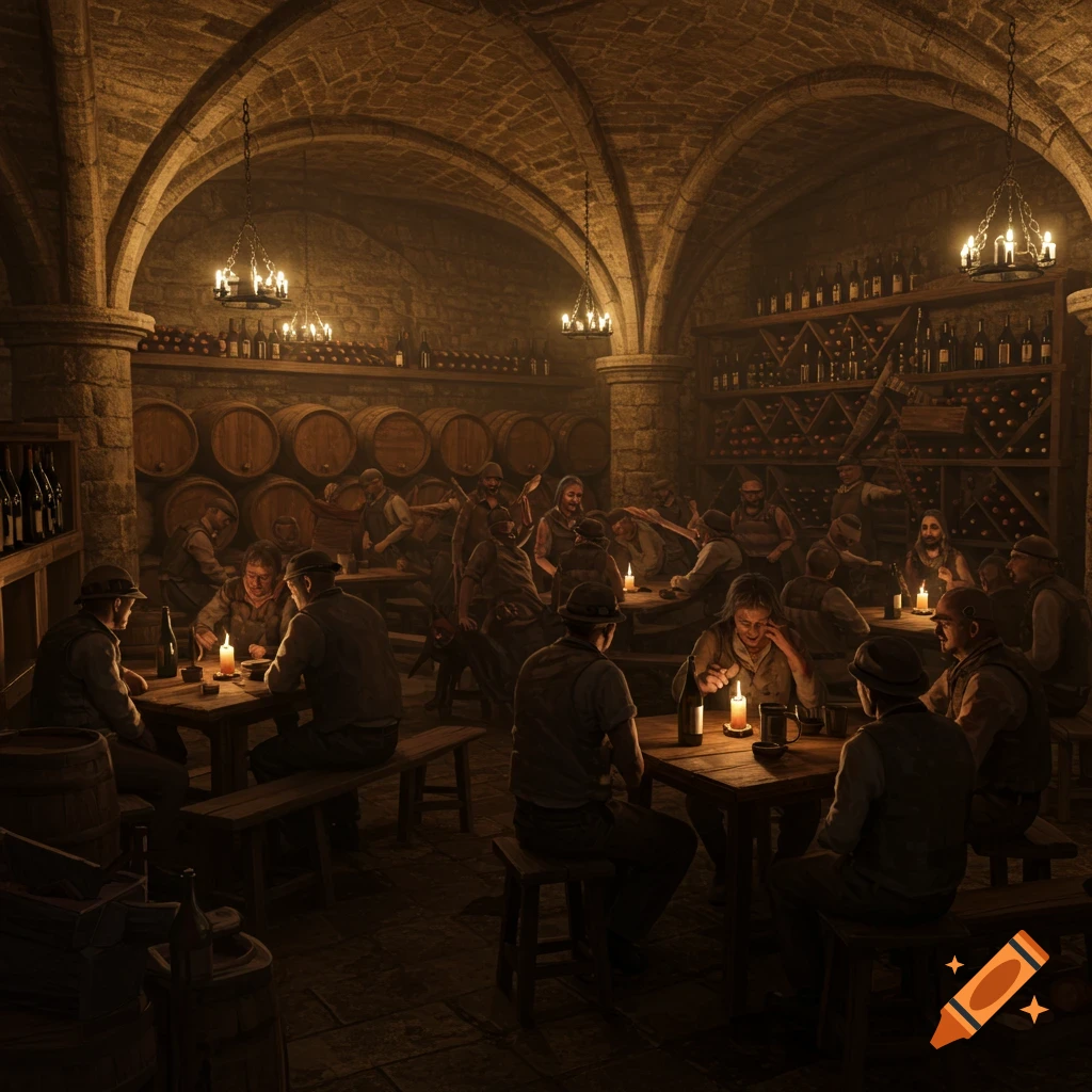 A dimly lit, vaulted stone cellar with many men drinking and conversing around tables, surrounded by wine barrels and bottles.