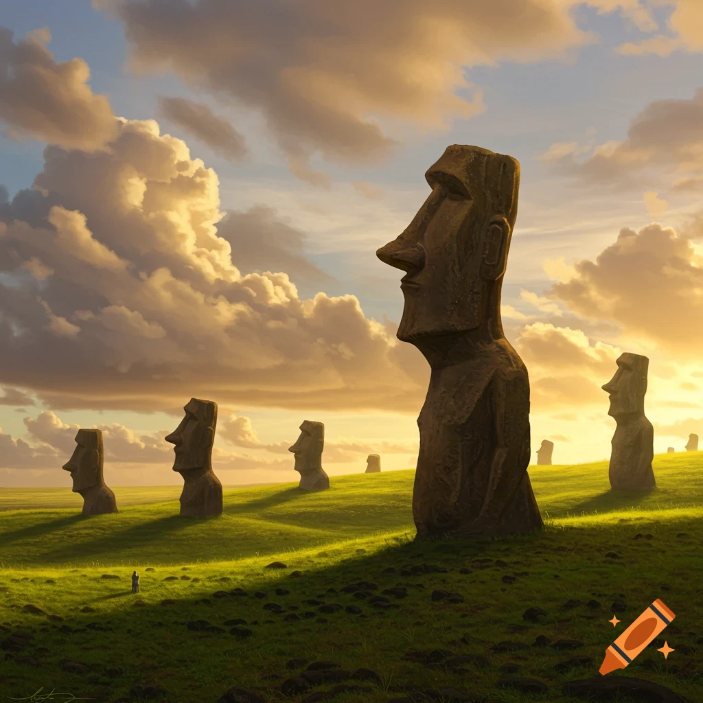 Moai statues stand tall in a vibrant green field under a dramatic sunset sky with fluffy clouds.