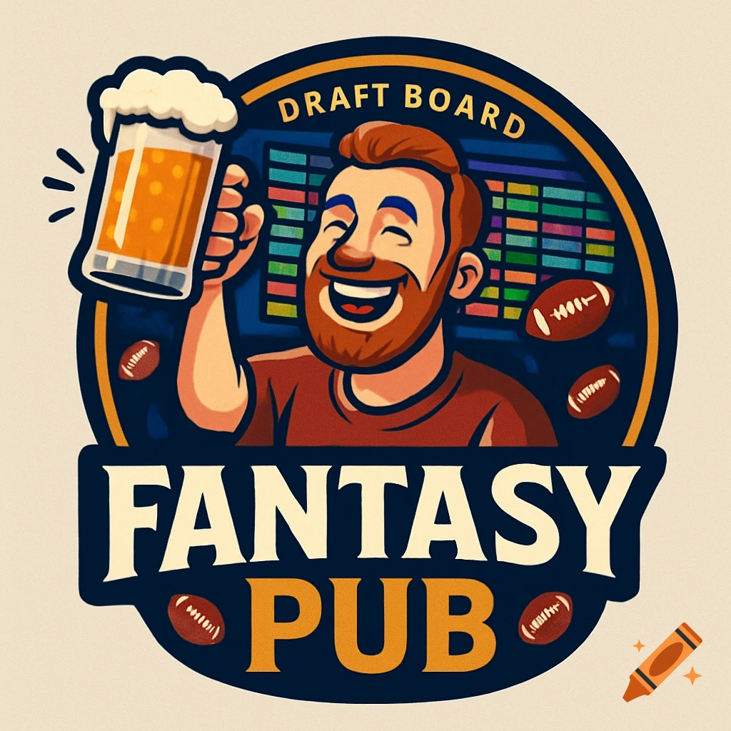 Cartoon logo of a smiling man with a beard holding a beer mug, with 'DRAFT BOARD' and 'FANTASY PUB' text and footballs, digital art.