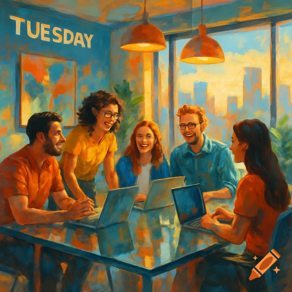 Five smiling colleagues gather around laptops at a table in a bright, impressionistic office with a city view.