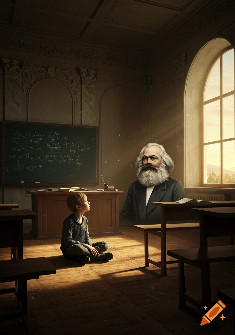 A boy sits on a classroom floor, looking up at a ghostly Karl Marx. A chalkboard with illegible text is in the background.