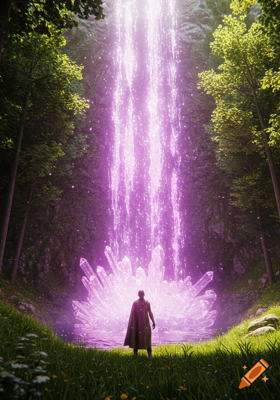 A figure stands in a lush green forest, facing a magical waterfall of glowing purple light cascading onto large purple crystals. 3D render.
