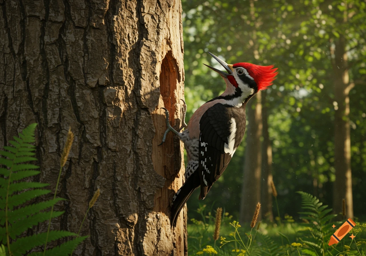 A detailed photorealistic image of a red-crested woodpecker with its beak open, perched on a tree trunk in a sunny forest.