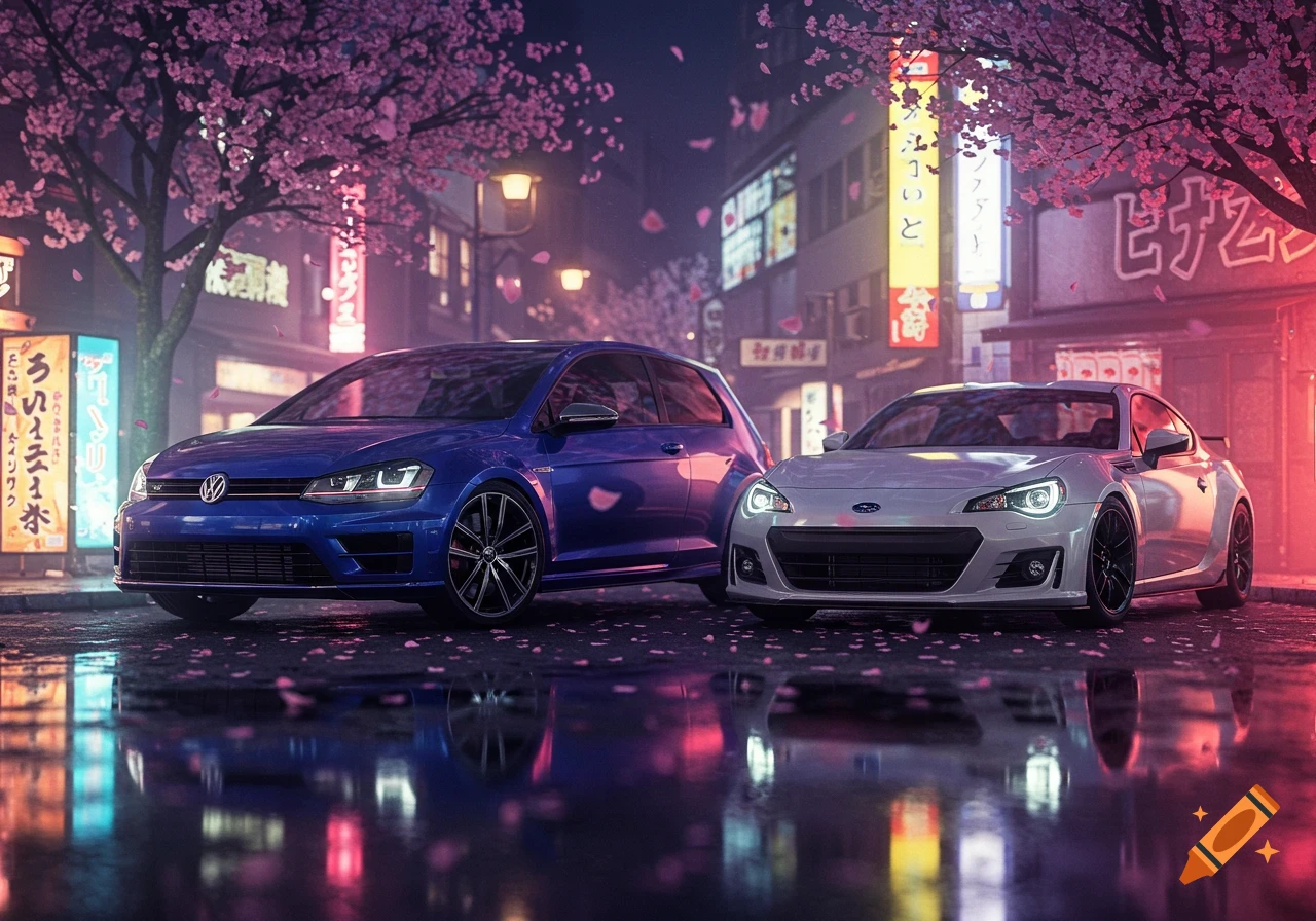 Two photorealistic sports cars, a blue Volkswagen Golf R and a white Subaru BRZ, are parked on a wet street under cherry blossom trees at night in a neon-lit Japanese city.