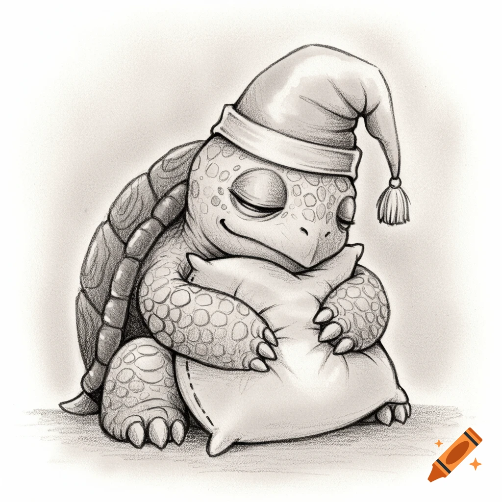 Pencil sketch of a sleepy cartoon turtle wearing a nightcap and hugging a pillow.