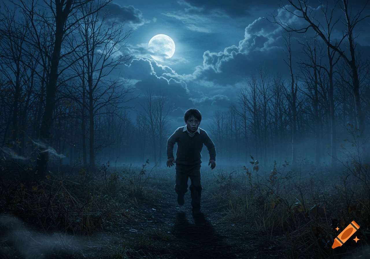 A young boy runs through a dark, misty forest path at night, illuminated by a full moon.