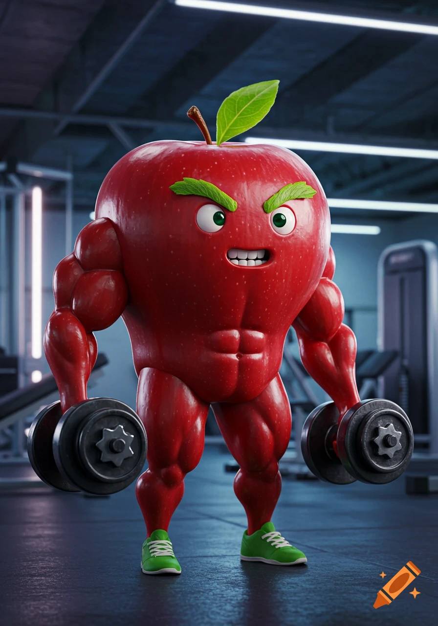 A muscular, angry red apple in green shoes lifts dumbbells in a gym setting.