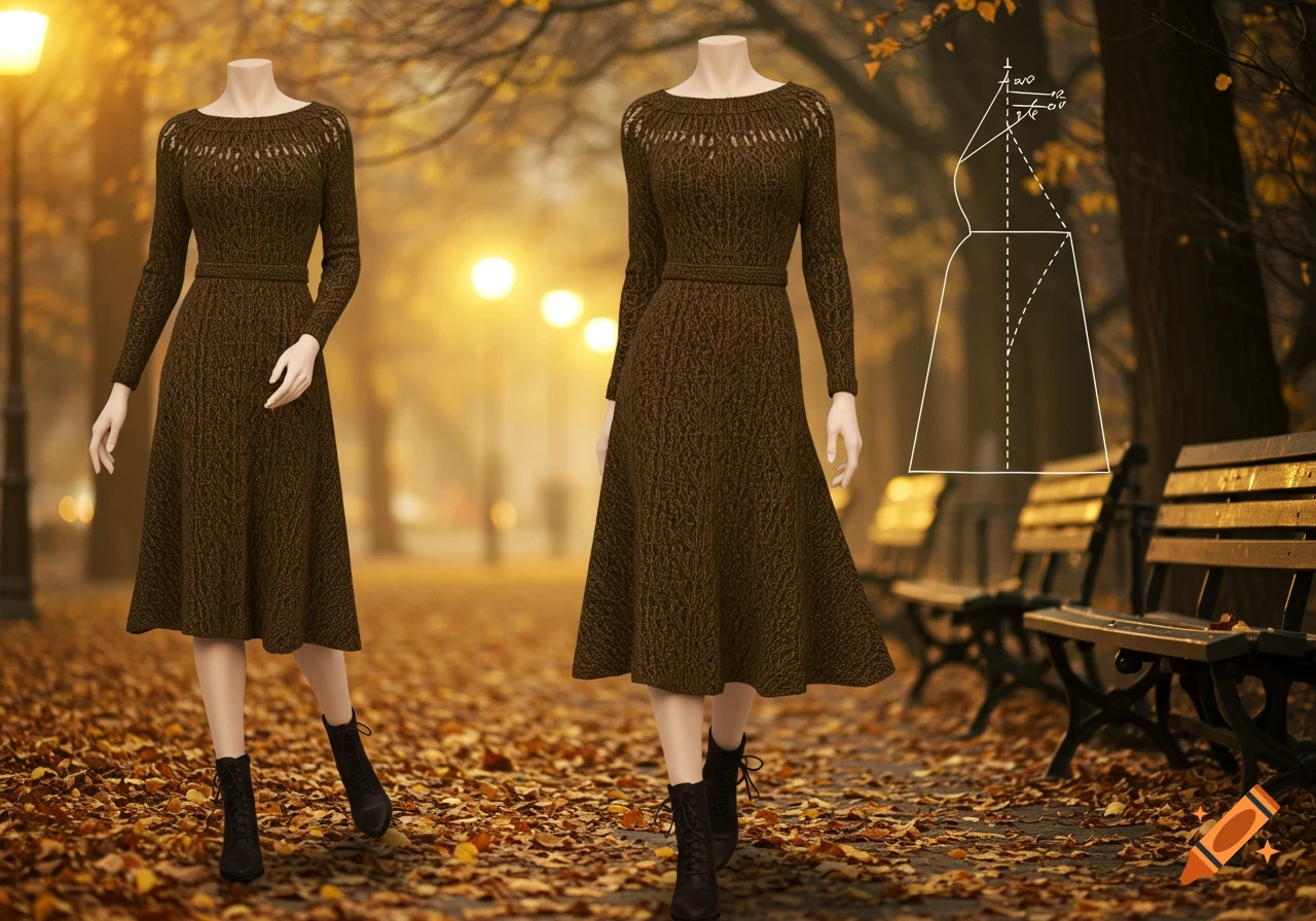 Two headless mannequins in brown knitted dresses walk on an autumn path with fallen leaves; a dress pattern overlay is visible.