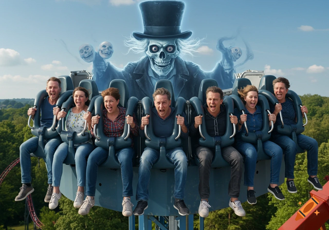 Six screaming people on a roller coaster drop tower, with a large, transparent blue Hatbox Ghost looming behind them in the sky.