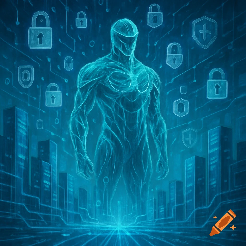 A glowing blue digital humanoid figure stands amidst a futuristic cityscape and circuit board patterns with security icons, representing cybersecurity.
