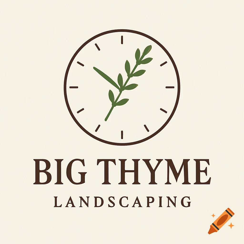 Minimalist logo for Big Thyme Landscaping with a clock face, a thyme sprig as hands, and text 'BIG THYME LANDSCAPING'.