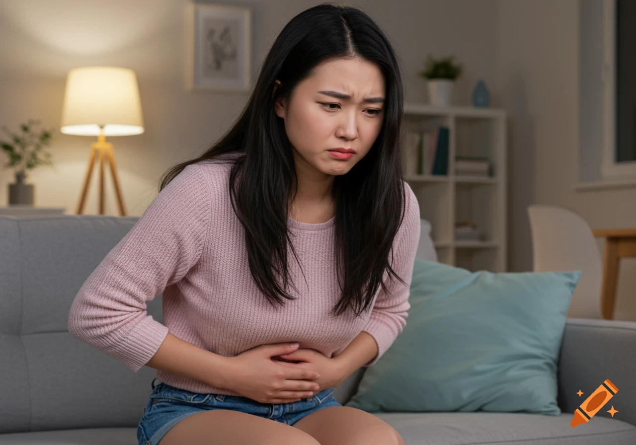 A young Asian woman sits on a couch, holding her stomach with both hands, looking down with a pained expression.