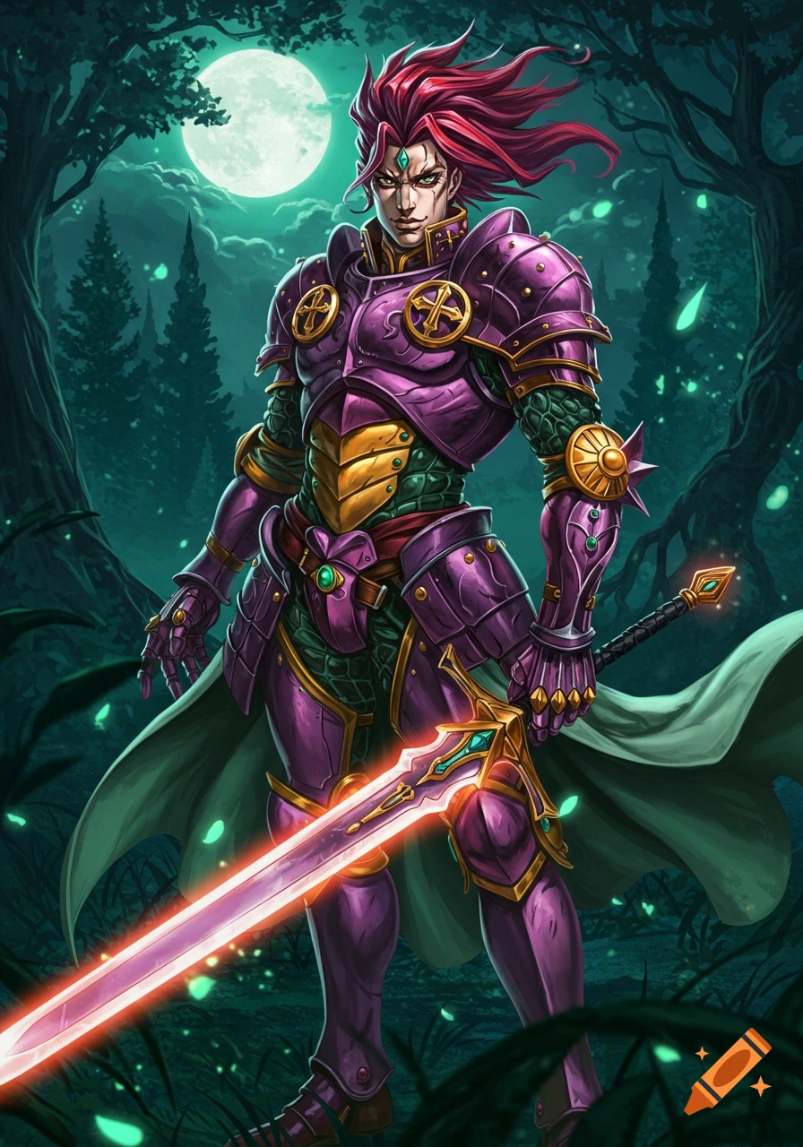 Anime-style male warrior with spiky red hair in purple and gold armor, holding a glowing pink sword in a dark forest under a full moon.