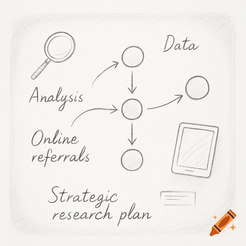 Hand-drawn sketch of a business plan diagram with elements for analysis, data, online referrals, and strategic research.