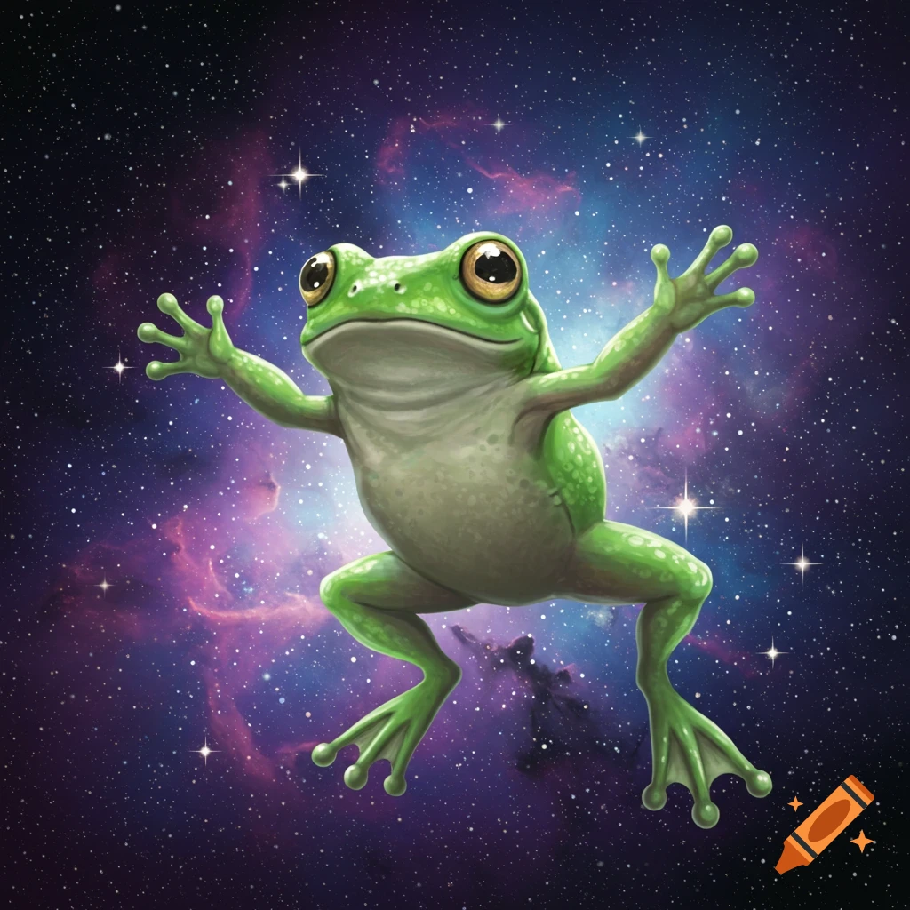 A cartoonish green frog with big eyes floats in a vibrant purple and blue galaxy with many stars.
