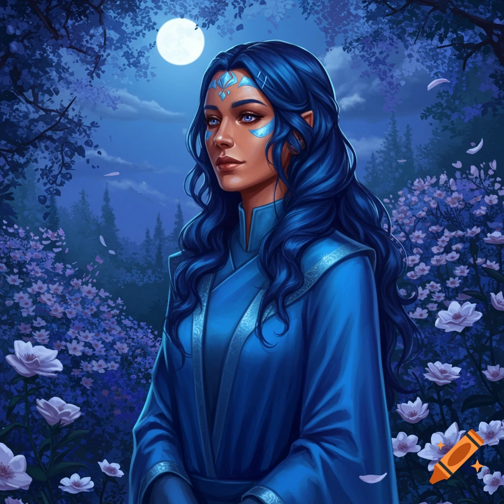 A blue-haired woman with glowing face markings in a blue robe stands in a moonlit fantasy forest with flowers.