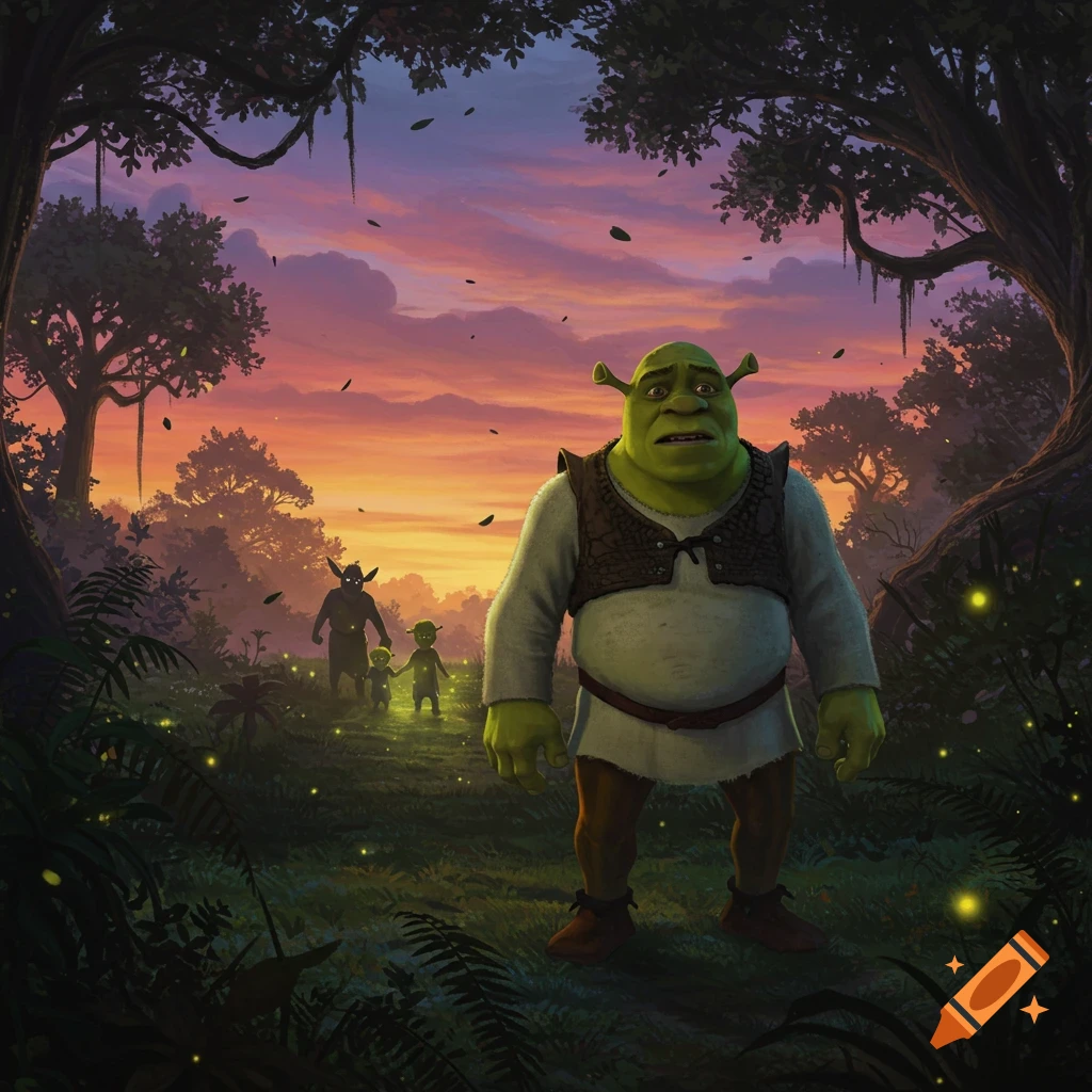 Shrek looks concerned in a dark forest at sunset as two small green ogres and a shadowy figure walk into the distance.