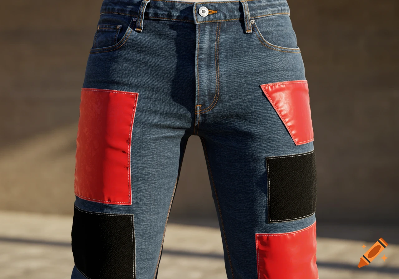 Close-up of blue jeans with multiple red and black patches on the legs and hips.