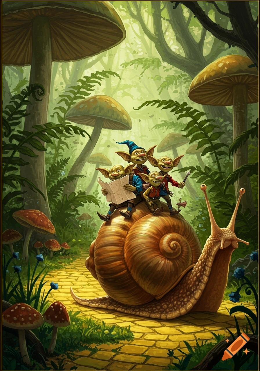 Four mischievous goblins ride a giant snail through a vibrant mushroom forest on a yellow cobbled path, in a whimsical fantasy illustration.