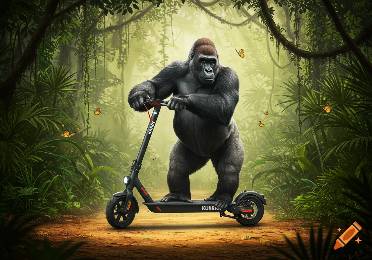 A large, realistic gorilla rides a black electric scooter down a dirt path in a dense, lush green jungle with butterflies.