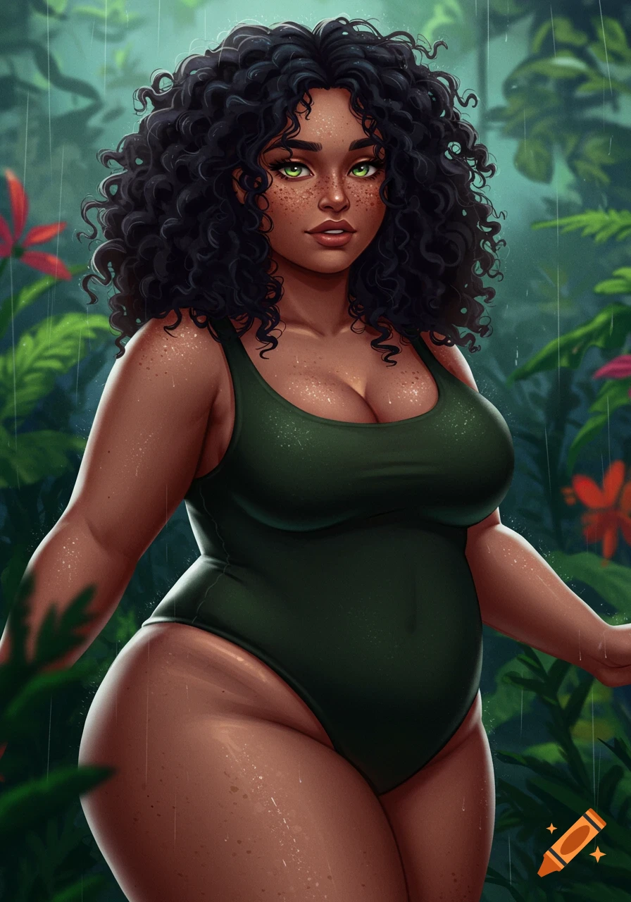 Digital art of a plus-size woman with dark curly hair, green eyes, and freckles, wearing a dark green swimsuit in a rainy tropical setting.