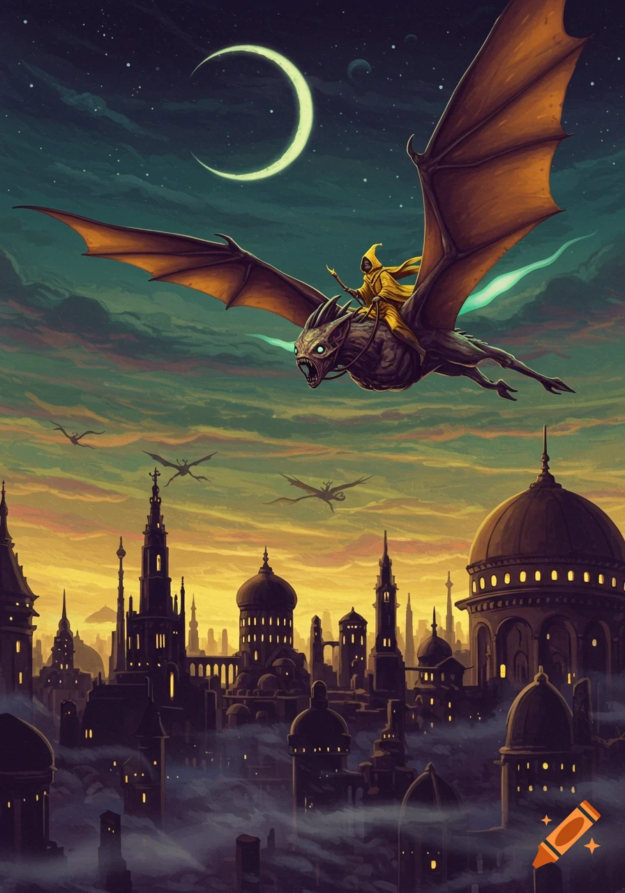 A yellow-robed cultist rides a winged monster above a fantasy city at sunset, with a crescent moon in a starry sky. Illustration.