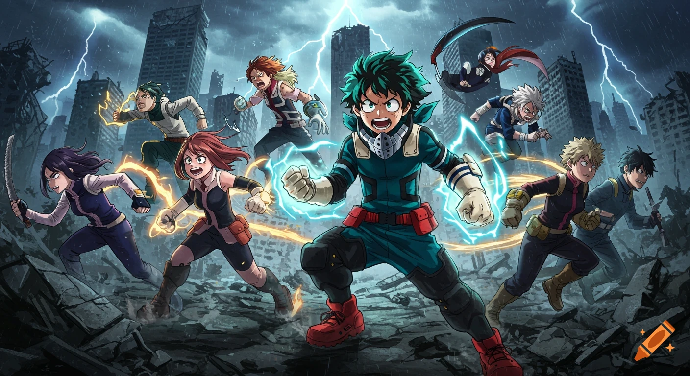 Anime heroes from My Hero Academia, led by Izuku Midoriya, rush through a ruined city under a stormy sky with lightning.