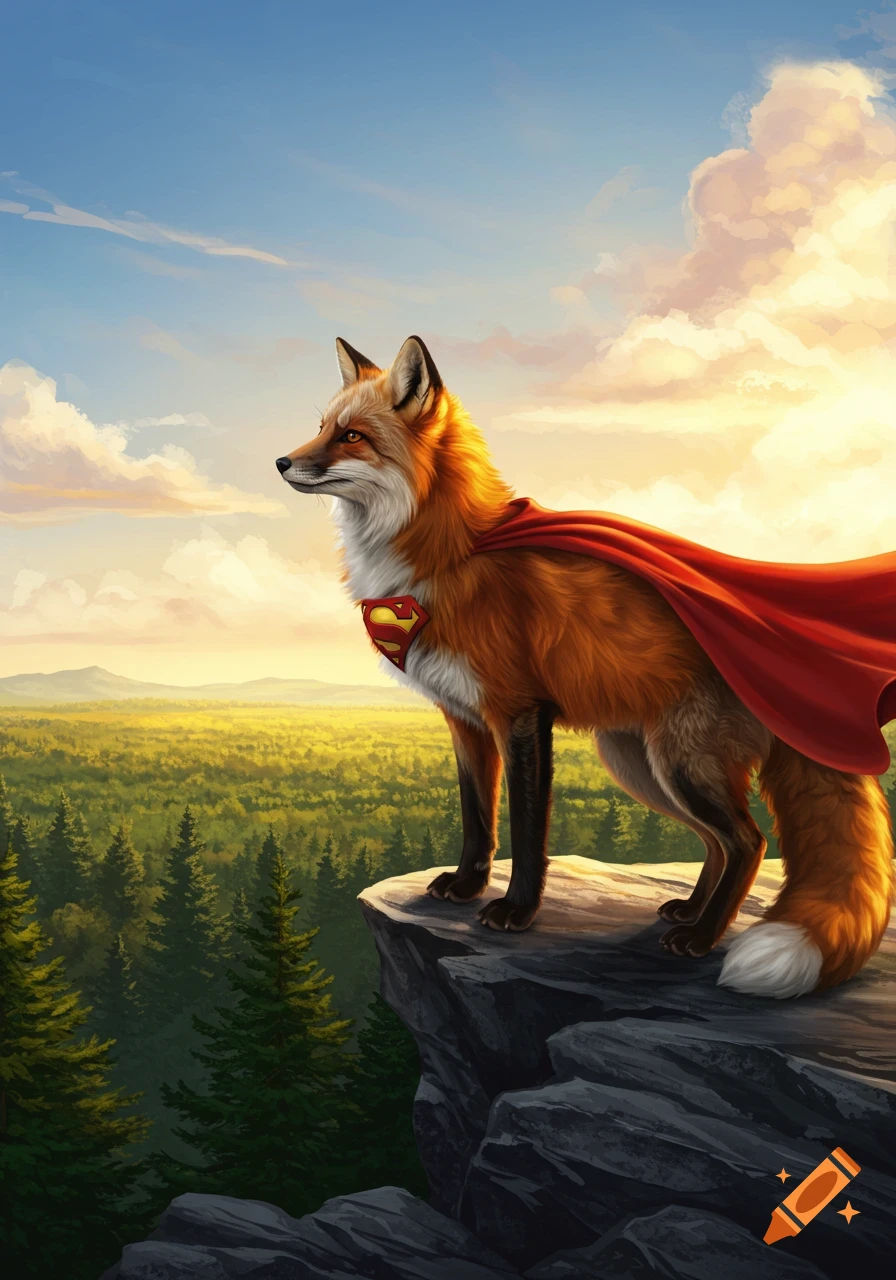 A majestic fox in a red Superman cape stands on a rocky cliff overlooking a lush forest at sunset, digital painting.