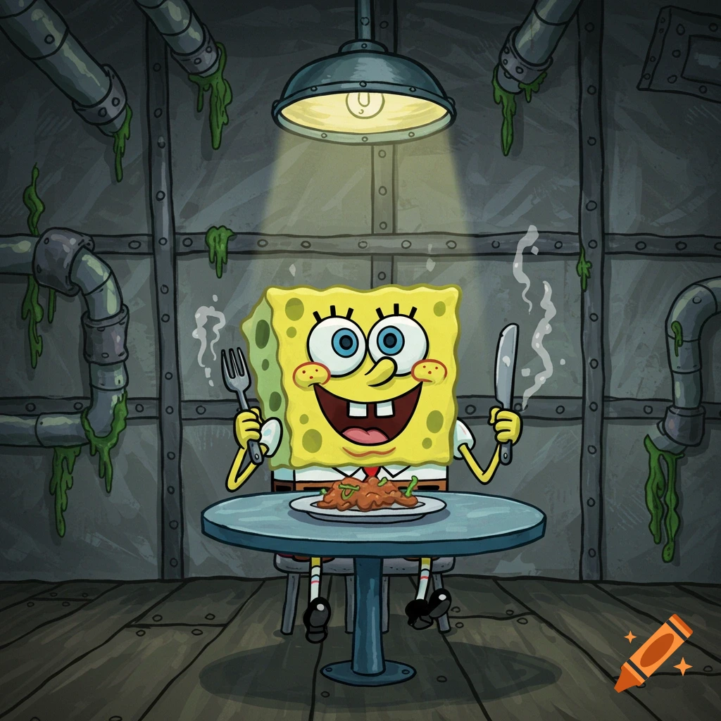 SpongeBob SquarePants happily eats a meal in a dingy, pipe-filled room lit by a single bulb.