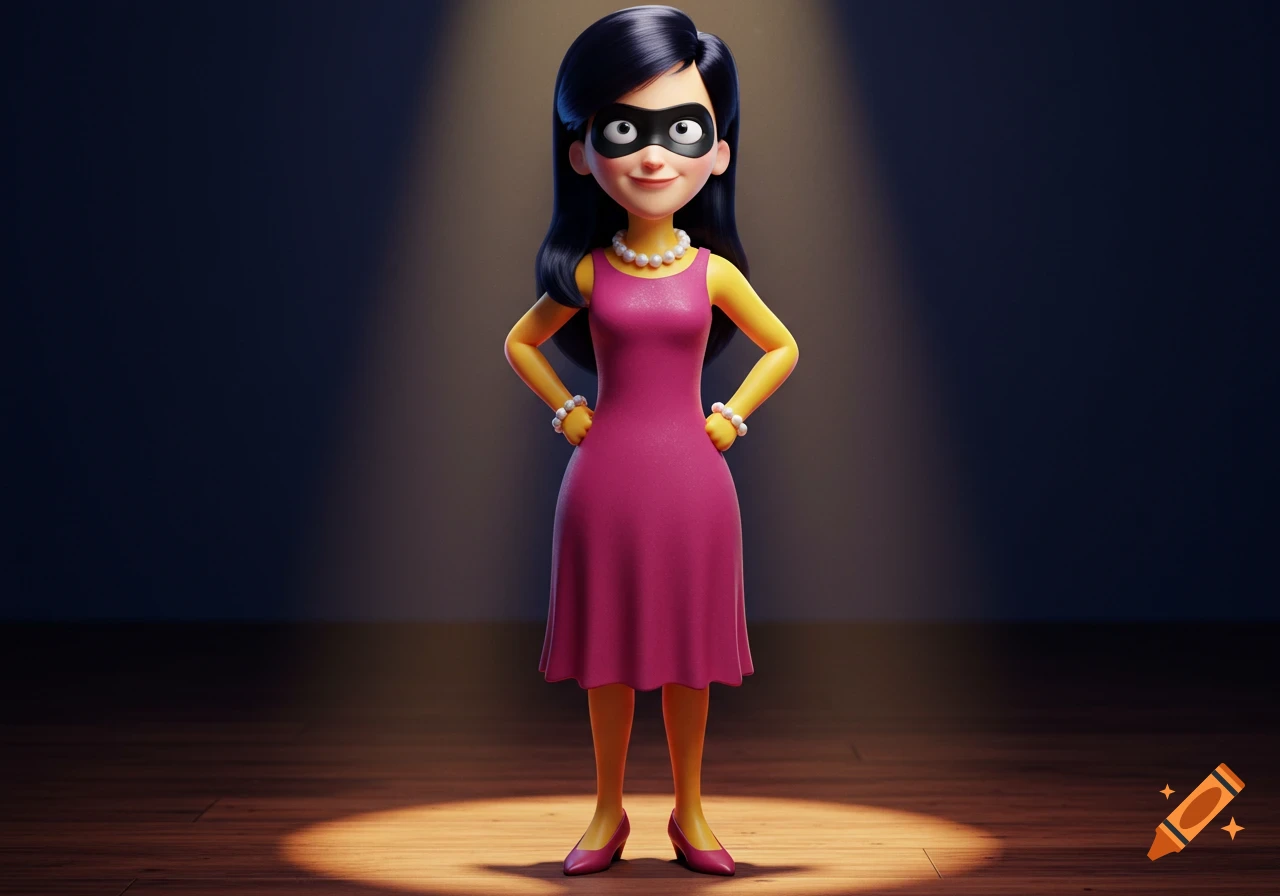 A 3D animated Violet from The Incredibles, wearing a pink dress and yellow arms, stands under a spotlight on a stage.