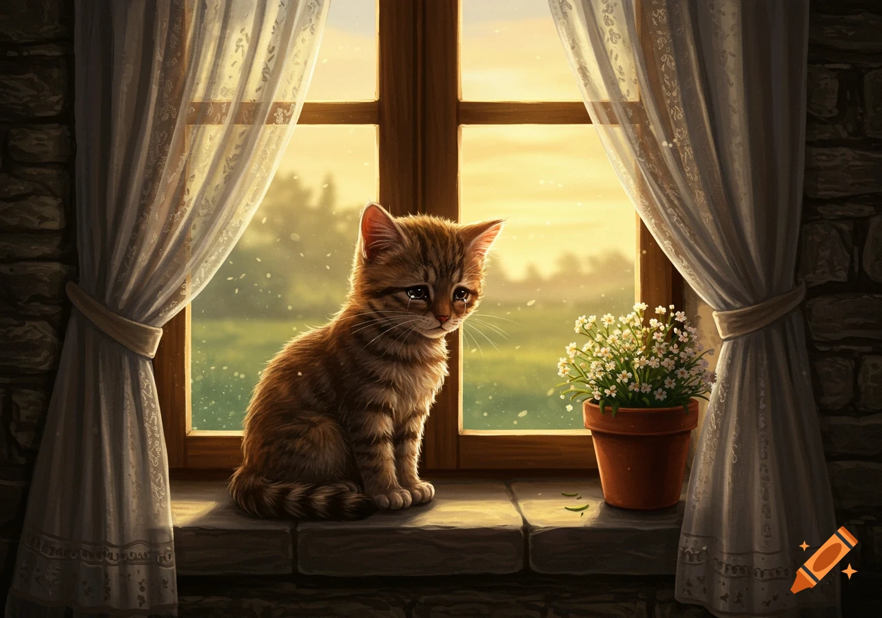 A crying tabby kitten sits on a sunlit stone window sill, with white curtains, looking out at a bright green landscape and a potted plant.