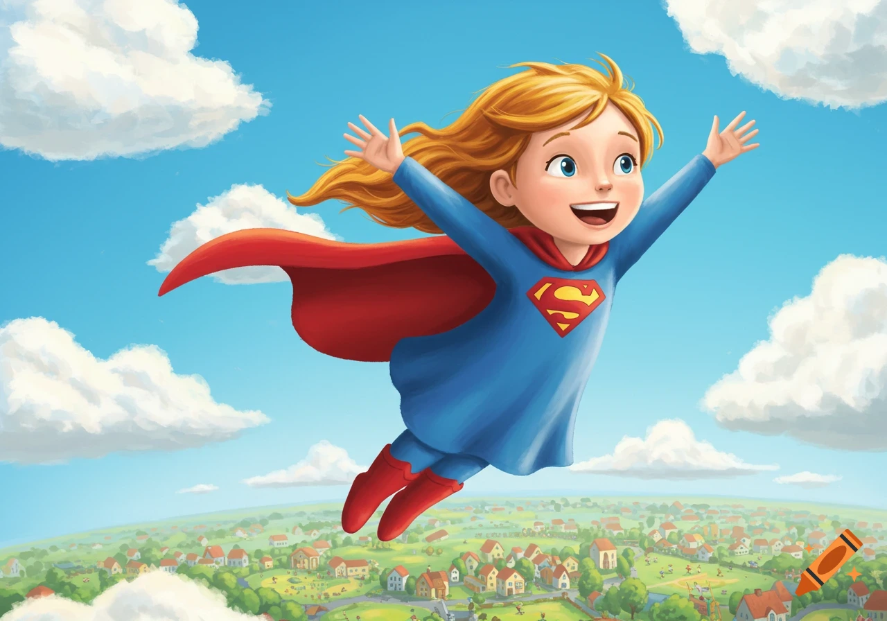 A happy blonde girl in a blue Supergirl costume with a red cape flies high above a colorful town, arms outstretched, under a bright blue sky with fluffy white clouds, in a children's book illustration style.