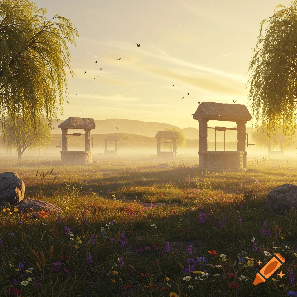 Several stone wells in a foggy, grassy field with wildflowers and willow trees under a hazy golden sky at sunrise.