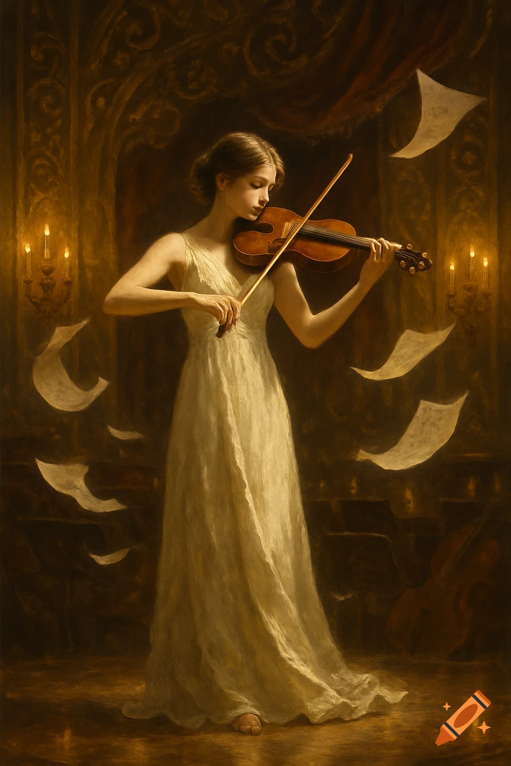 A young woman in a white dress plays a violin in a dimly lit, ornate room, with floating music sheets and candelabras, painterly style.