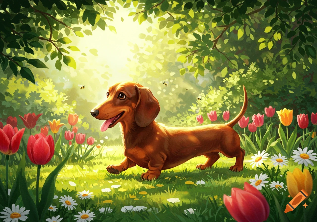 A vibrant illustration of a happy dachshund walking through a sunny field of red and yellow tulips and white daisies.