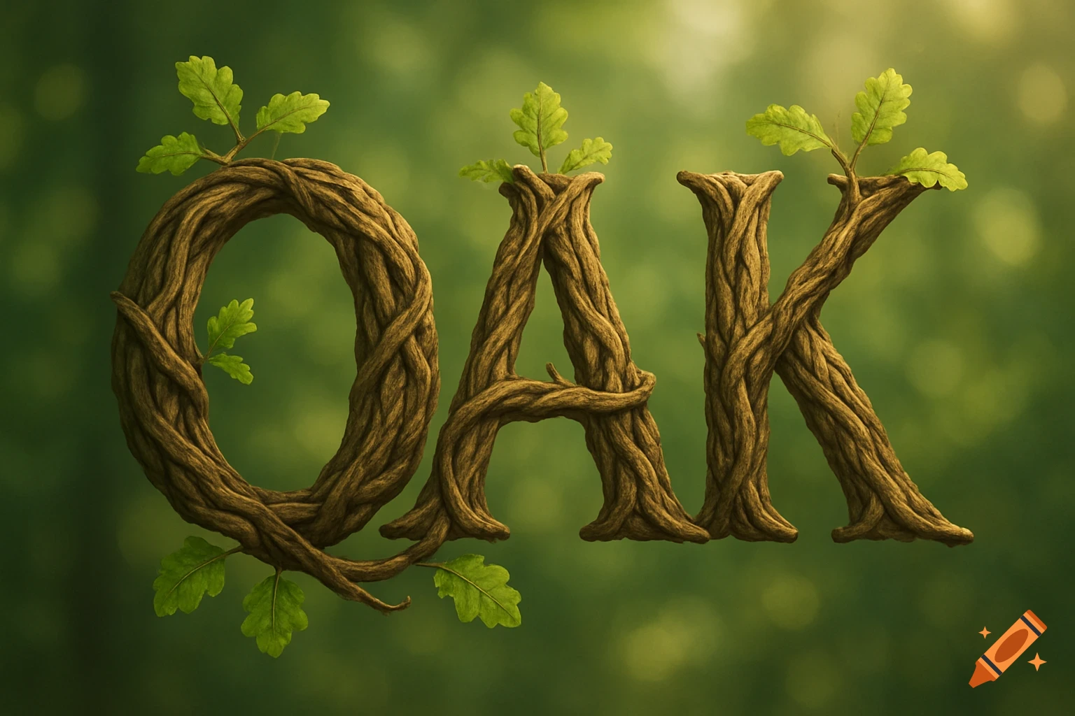 Stylized wood letters spelling 'OAK' with green leaves, on a blurred green background.