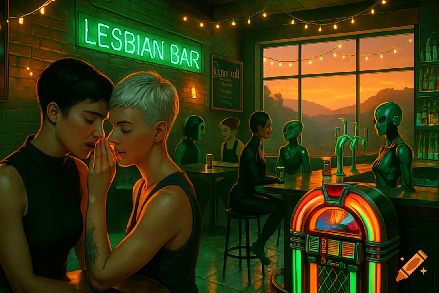 Two women share an intimate moment in a neon-lit futuristic lesbian bar with human and alien patrons, against a sunset mountain view.