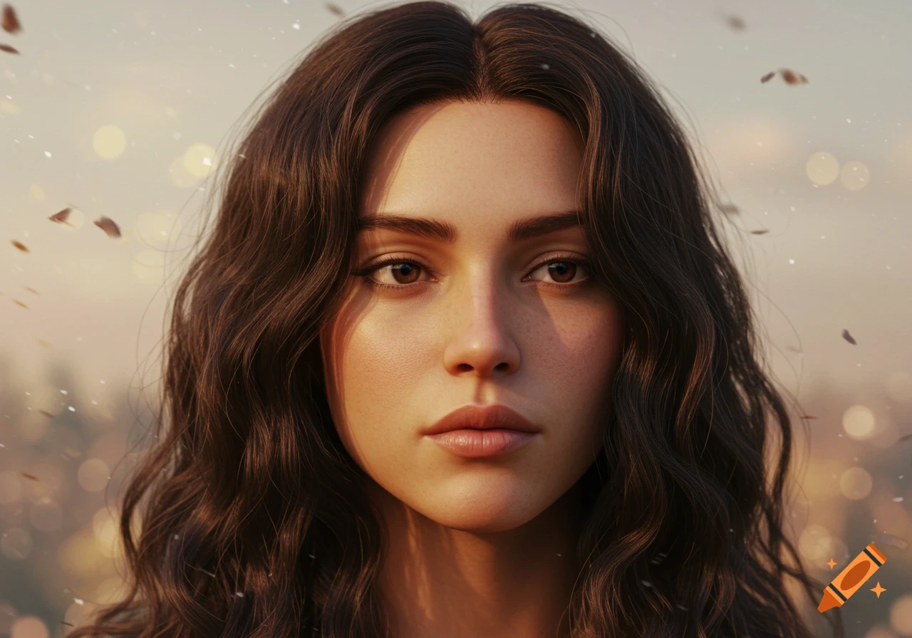 Close-up photorealistic portrait of a young woman with dark brown wavy hair, brown eyes, and freckles, with soft lighting and a bokeh background.