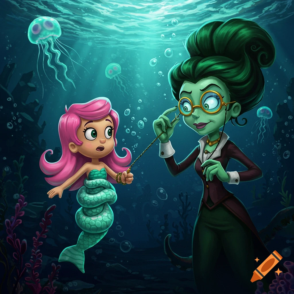A pink-haired mermaid with a coiled green tail is led by a green-skinned woman in glasses and a dark coat, underwater with jellyfish.