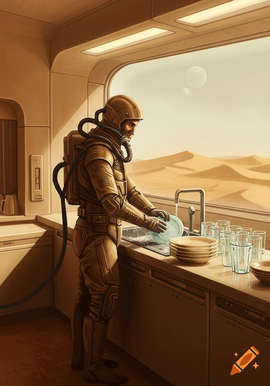 A sci-fi illustration of a person in a stillsuit washing dishes in a futuristic kitchen overlooking a desert planet.